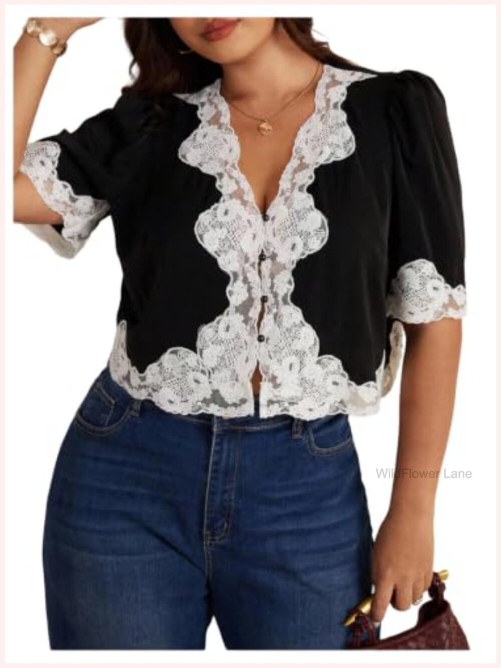 Plus Size Lace Crop Top Blouse V-Neck Short Sleeve Elegant Work Office